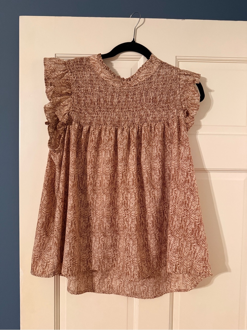 THML Girls' Brown Printed Smocked Flutter Sleeve Top